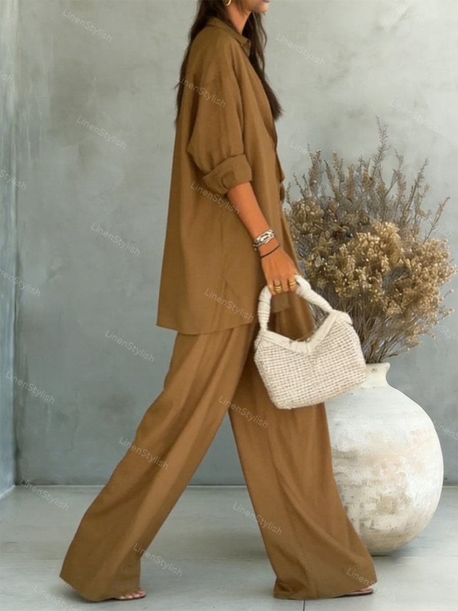 Fashion Solid Color Comfortable Shirt & Pants Two-piece Set
