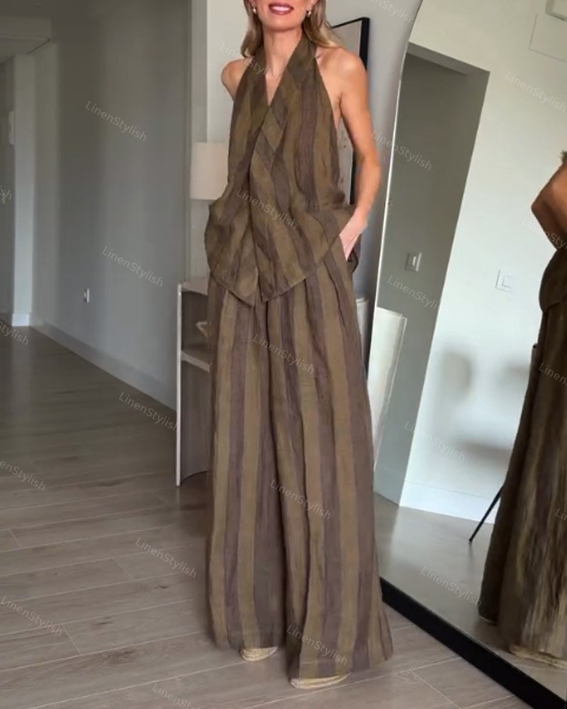Fashion Striped Neck Backless Vest & Pants Two-Piece Set