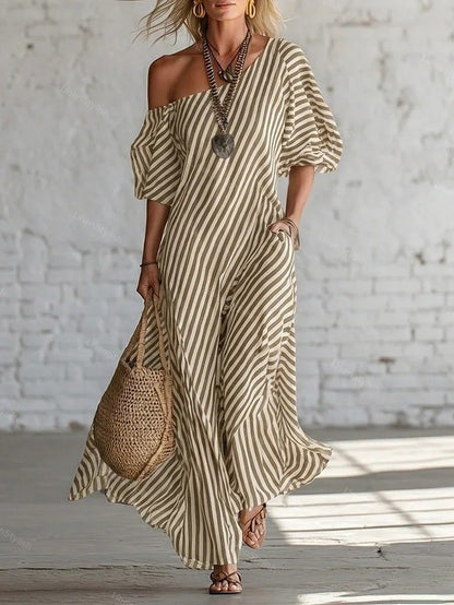 Elegant Off-shoulder Dress With Irregular Stripes