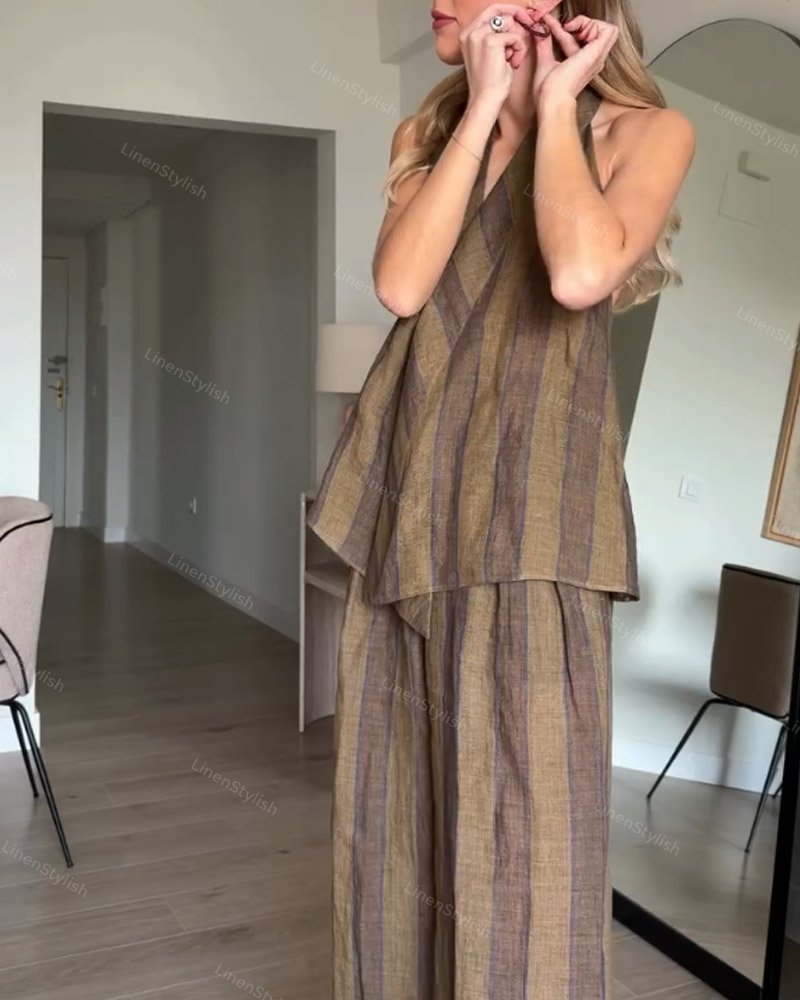 Fashion Striped Neck Backless Vest & Pants Two-Piece Set