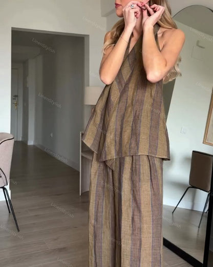 Fashion Striped Neck Backless Vest & Pants Two-Piece Set