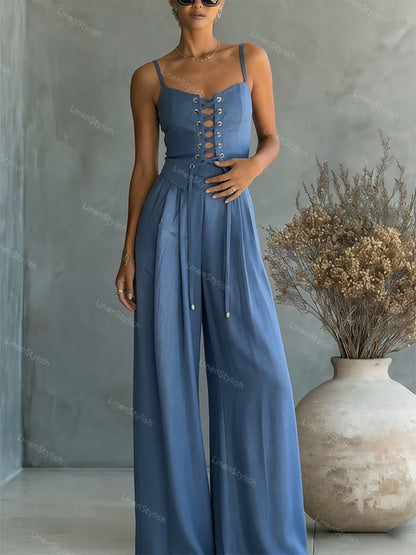 Commuter All-Match String Top & Pants Two-Piece Set