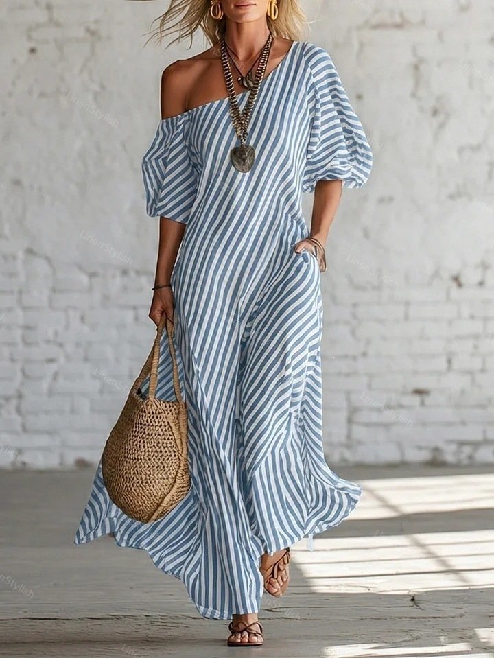 Elegant Off-shoulder Dress With Irregular Stripes
