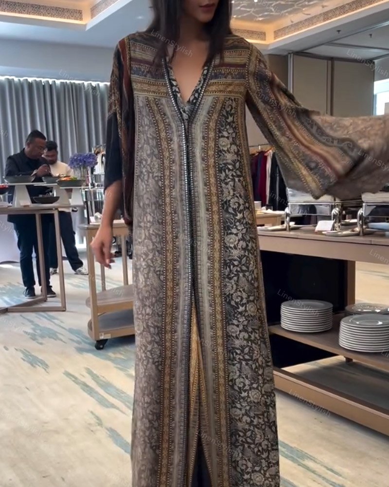 Casual V-Neck Loose Split Print Dress
