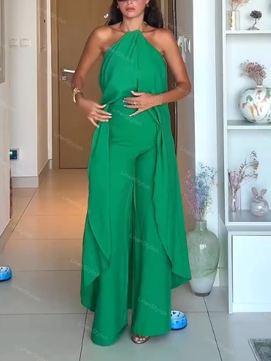 Fashion Neck Long Top & Pants Two-Piece Set