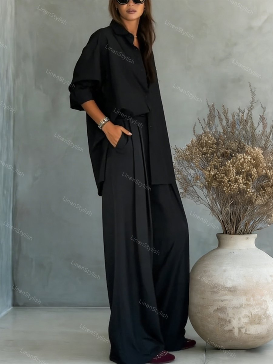 Fashion Solid Color Comfortable Shirt & Pants Two-piece Set