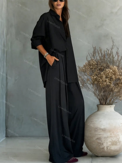 Fashion Solid Color Comfortable Shirt & Pants Two-piece Set
