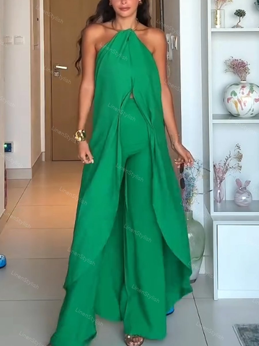 Fashion Neck Long Top & Pants Two-Piece Set