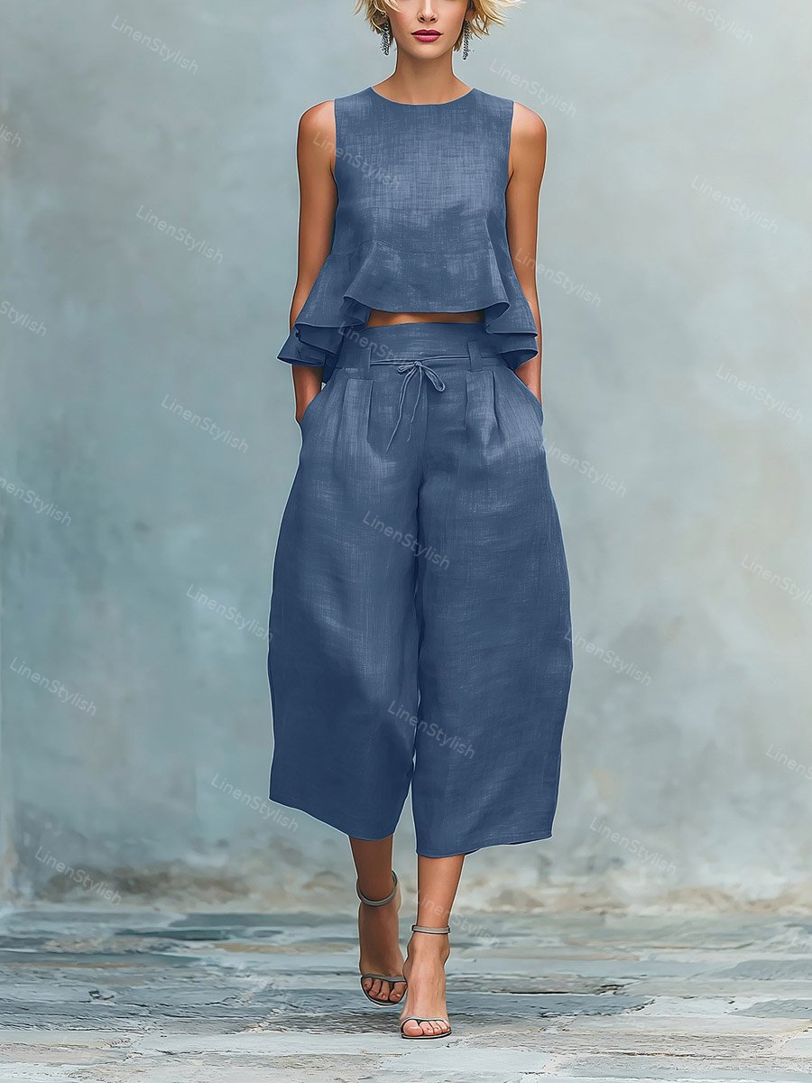 Casual Ruffled Sleeveless Vest & Pants Two-piece Set