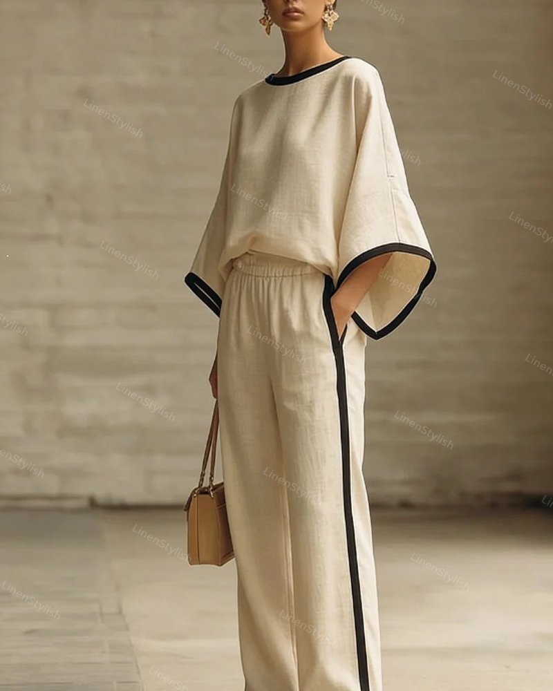 Elegant Round Neck Loose Dolman Sleeve Cotton And Linen Two-piece Set