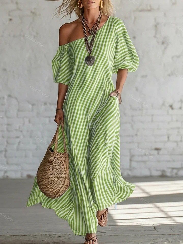 Elegant Off-shoulder Dress With Irregular Stripes