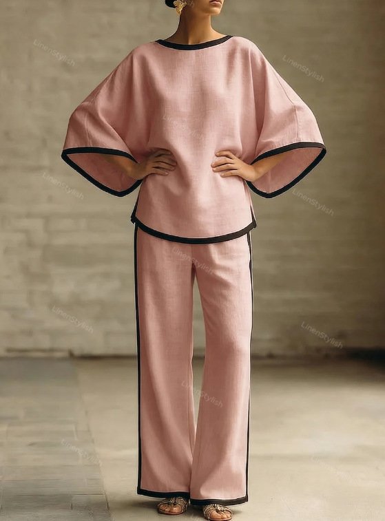 Elegant Round Neck Loose Dolman Sleeve Cotton And Linen Two-piece Set