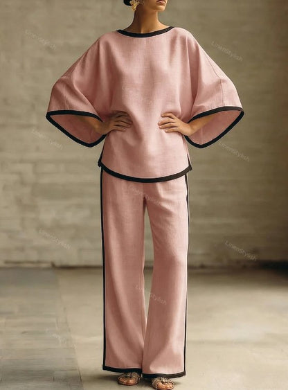 Elegant Round Neck Loose Dolman Sleeve Cotton And Linen Two-piece Set