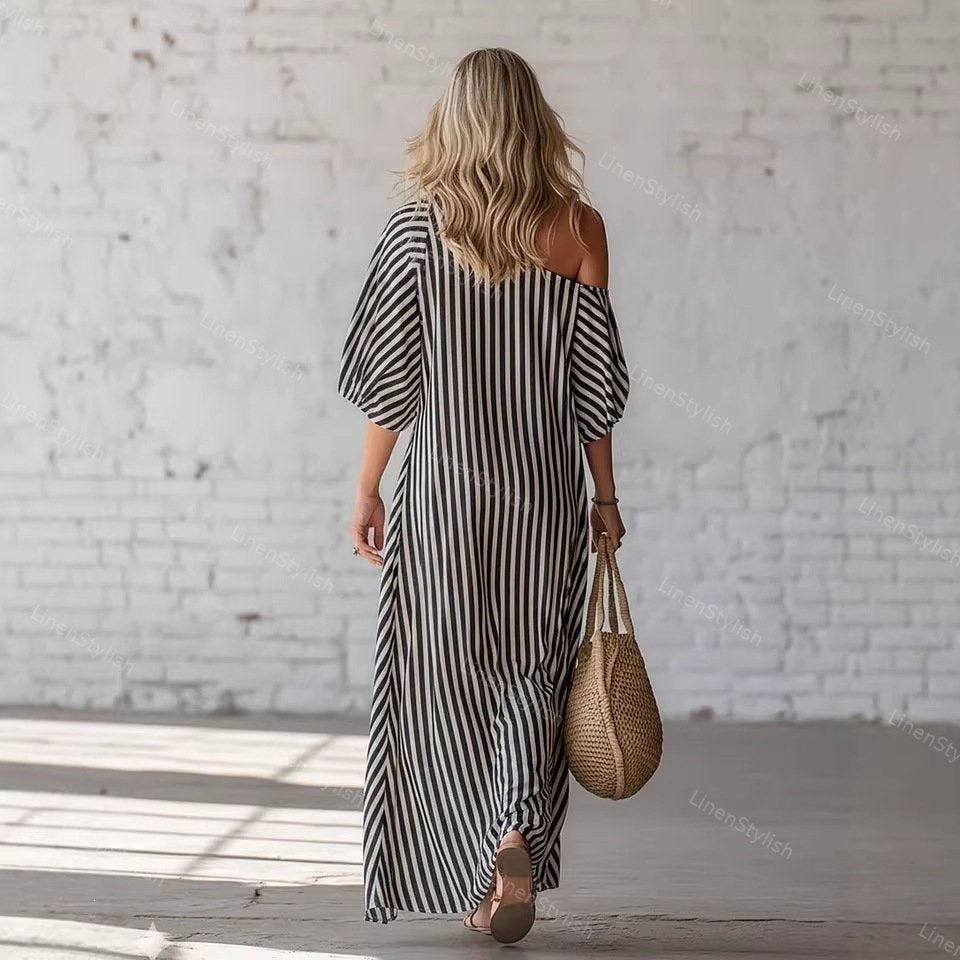 Elegant Off-shoulder Dress With Irregular Stripes