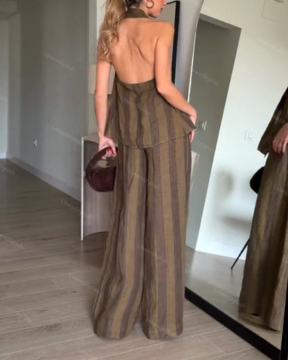 Fashion Striped Neck Backless Vest & Pants Two-Piece Set